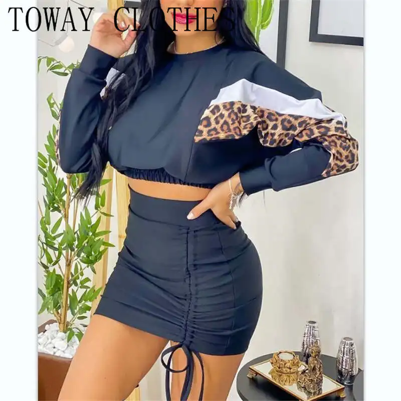 

Women Long Puffed Sleeve Top & Colorblock Pocket Design Skirt Set Elegant Mini Dress Two Piece Set