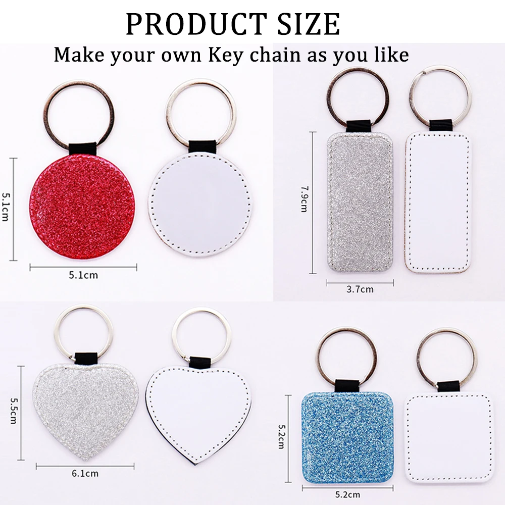 10PCS Sublimation Blanks Keychain Glitter PU Leather Keychain Heat Transfer  Keyring Christmas Ornaments Sublimation Keychains