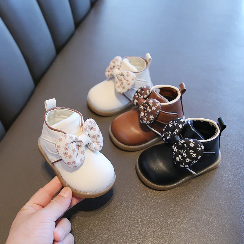 

Baby Walking Shoes Soft Soled Fashion Boots Girls Fur Winter New Fashion Toddlers Short Ankle Booties Princess Bow Lether Boots
