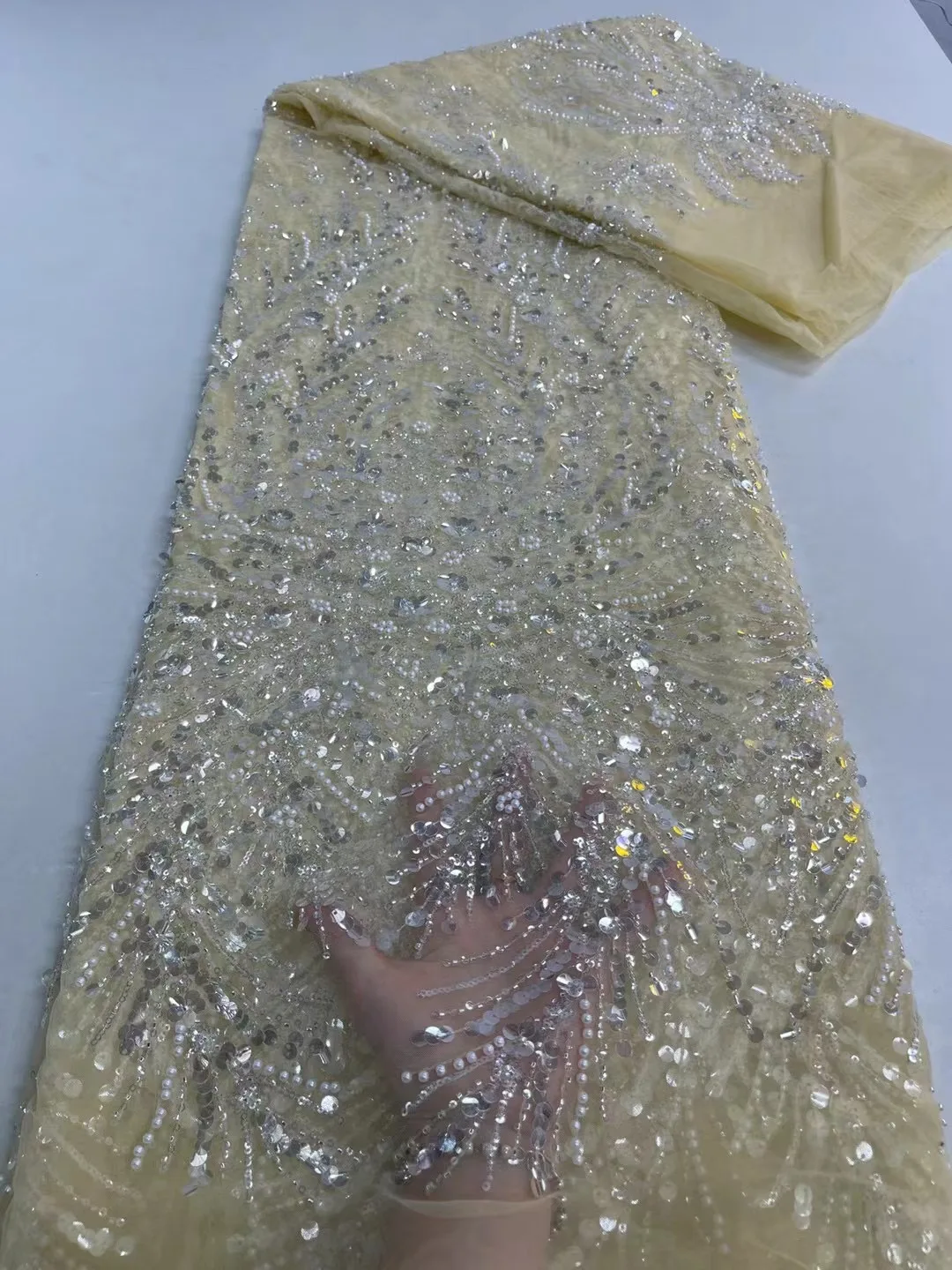 

French Luxury Heavy Handmade Bead Tulle Lace 2023 High Quality African Sequins And Pearl Lace Fabric For Bride Evening Dress Sew