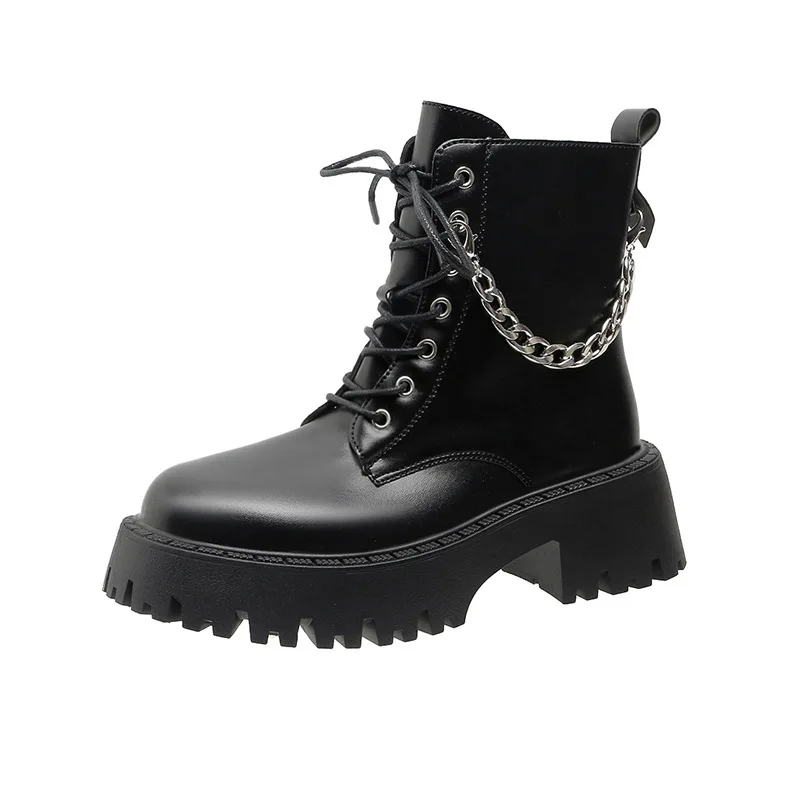Metal Chain Chunky Platform Ankle Boots for Women 2023 Autumn Lace Up Thick Heeled Short Botas Woman Plus Size Motorcycle Shoes