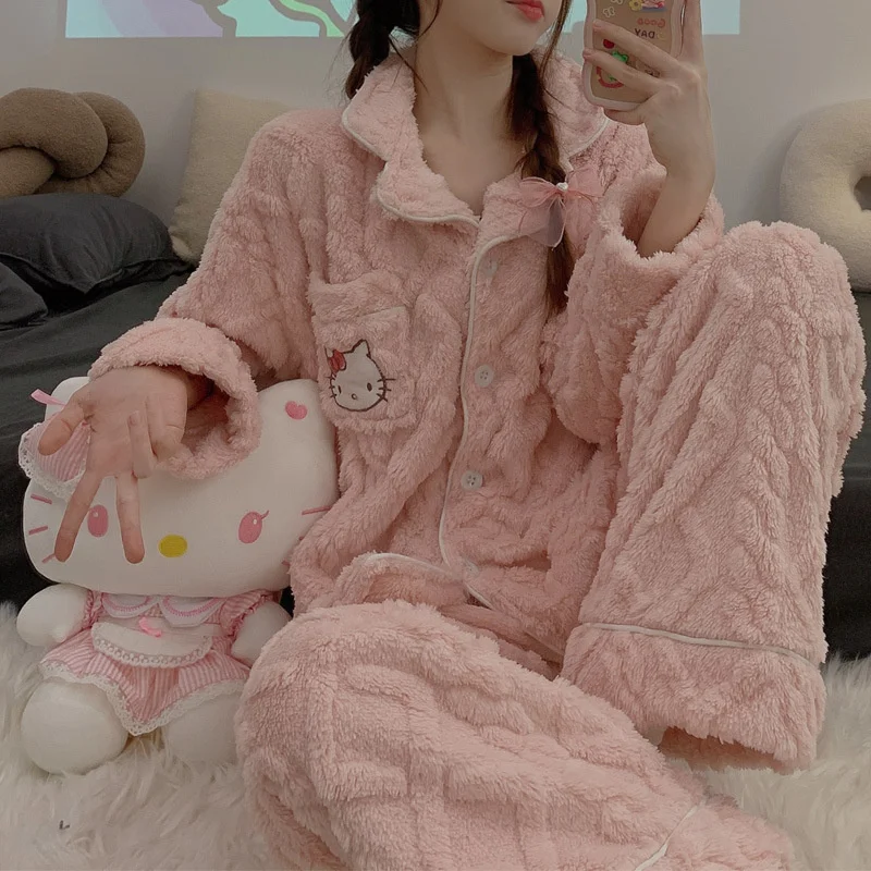 

Kawaii Sanrio аниме Hello Kitty Дакрон пижамы милый мультфильм теплый коралловый бархат милый утепленный домашний комплект одежды подарок для девочек