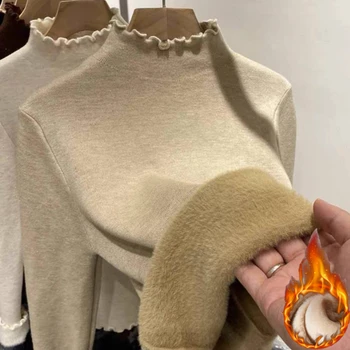 جديد صوف مبطن سميكة الياقة المدورة البلوزات النسائية الخريف الشتاء ضئيلة الدافئة Ruched محبوك القمم بلون عادية لينة البلوز 6