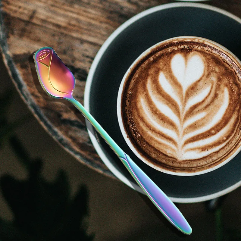 Stainless Steel Rose Stirring Spoon Long Handle Coffee Spoons Tiny Flower Scoop Unusual Teaspoon for Dessert Honey Cake Tea 5Pcs