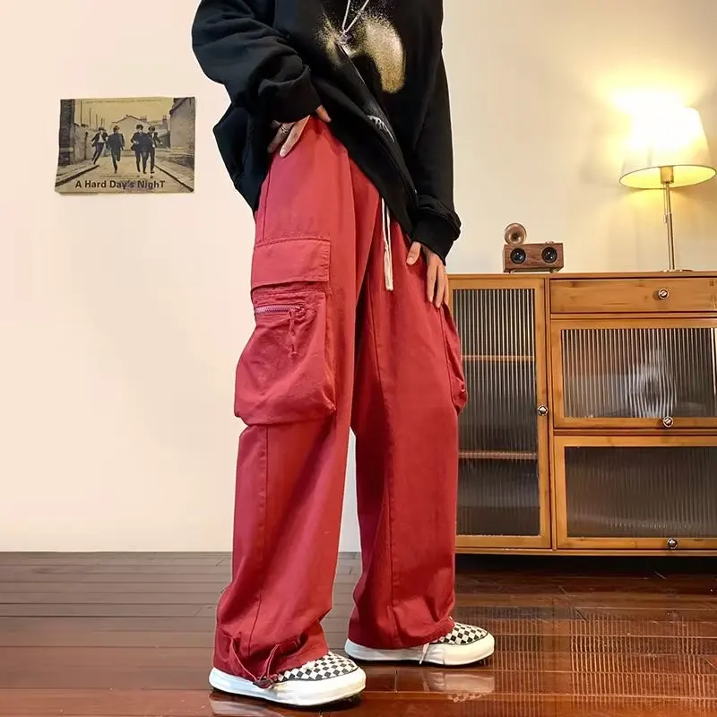 Pantalones de chándal holgados de estilo japonés para hombre, Pantalón  ancho recto con bolsillos laterales, color rojo, holgado e informal, 2022 -  AliExpress
