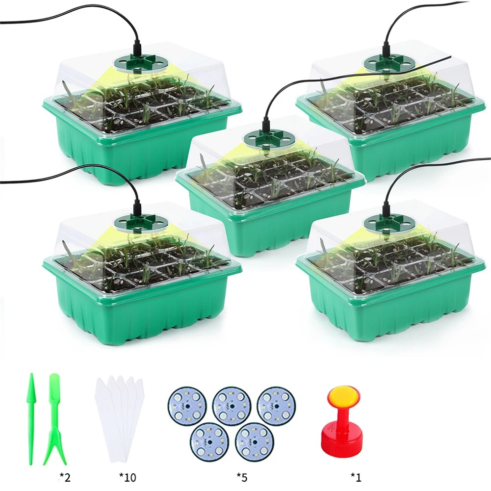 5pcs Seedling Tray With LED Grow Lights Plant Seed Starter Tray Kit Greenhouse Growing Trays With Holes 12 Cell Per Tra