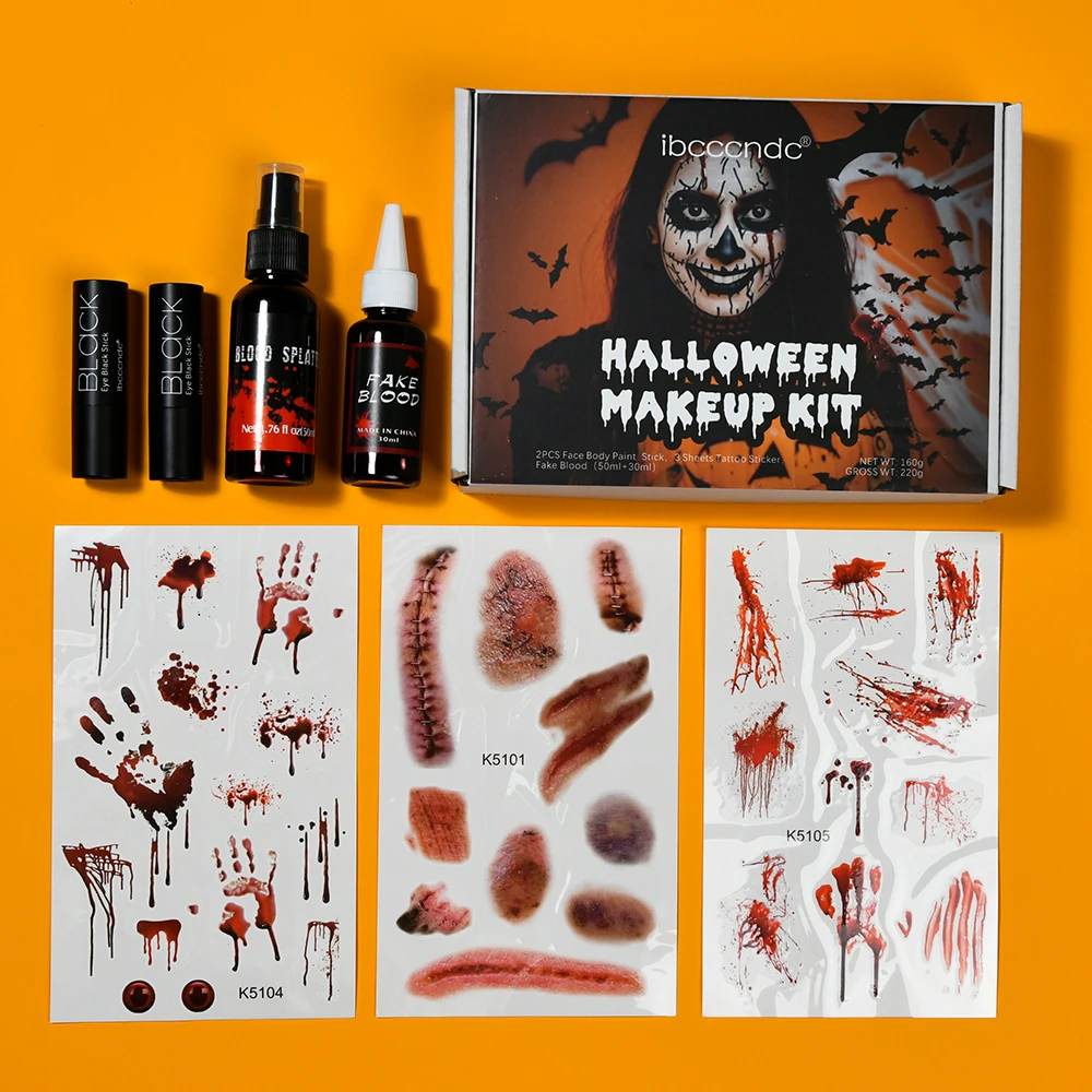 Halloween Fake Blood Makeup Kit Halloween Tattoo Stickers Wound Tattoo Stickers black lipstick white lipstick Halloween Makeup 6