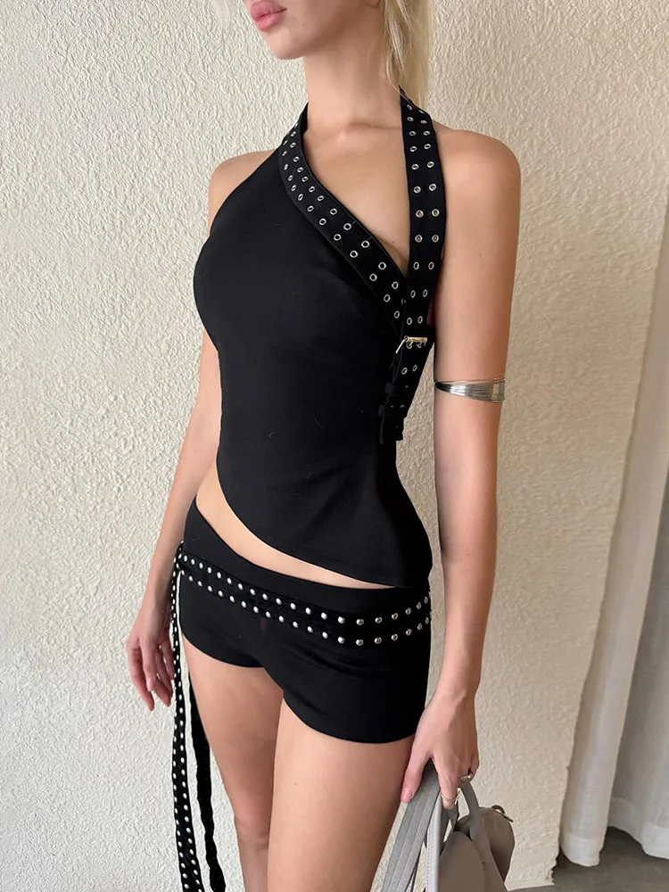 Nibber Sexy Hollow 3-Piece Set Women Hollow Biased Collar Backless Vests+Rivet Waistband+Simple Solid Shorts Slim Midnight Suits