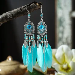 Elegant Boho Feather and Leaf Tassel Earrings with Rhinestone Accents (Blue)
