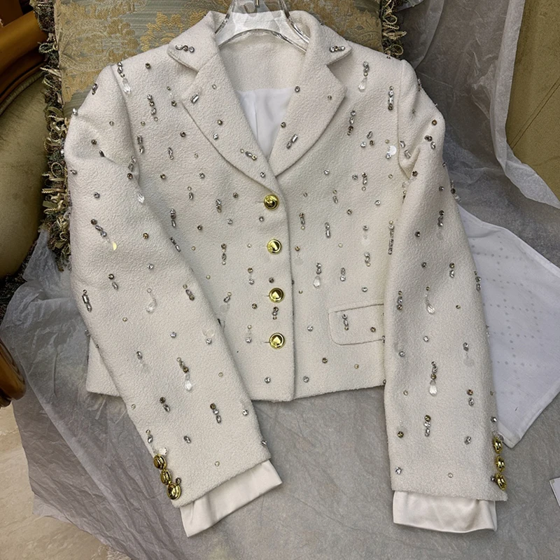 2023 Spring Autumn New Heavy Industry Rhinestone Tassel Tweed Rhinestone Coat Women's Short Suit Top Fashion Temperament Skirt