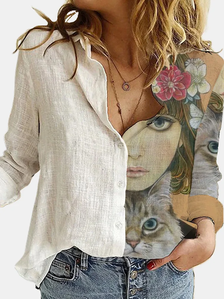

Loose Retro Portrait Cute Cat Printing Women's Shirt Casual Button Cardigan Autumn Hot Style Ladies Blouse Tees Ropa De Mujer