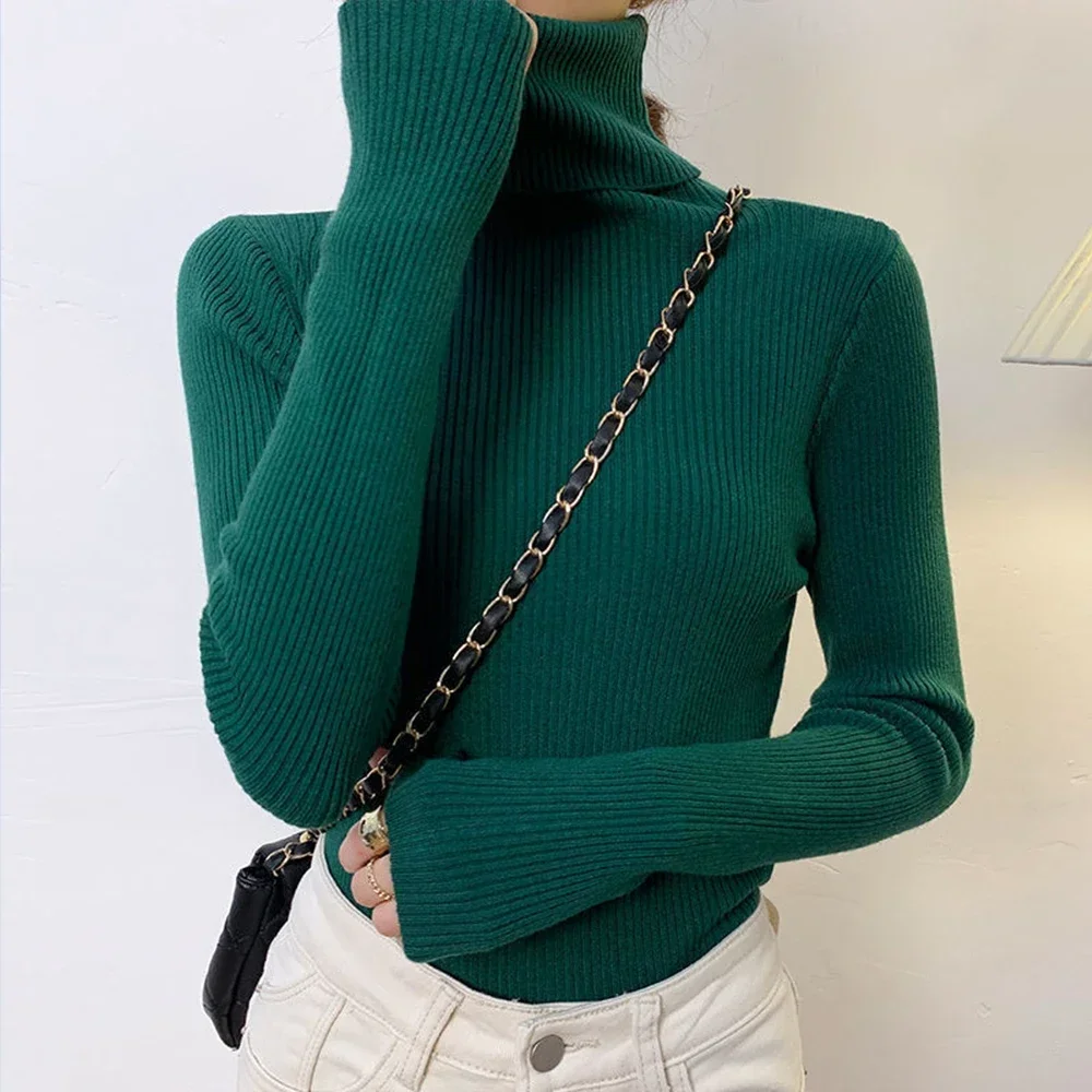 

New Turtleneck Women's Sweater Vintage Knitted Pullover with Soft Texture Elastic Ribbing Korean Fashion Long Sleeved Pullover