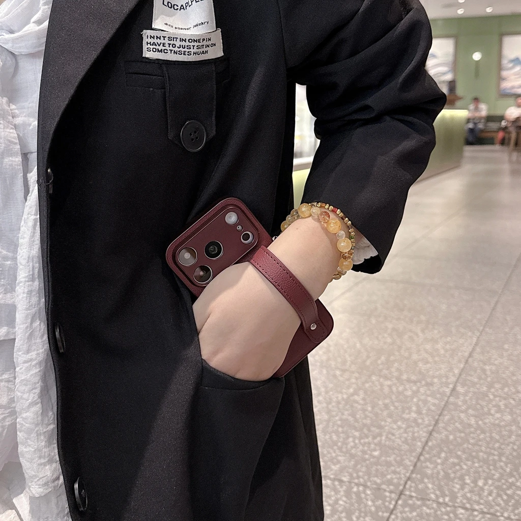 Premium Cherry Red Litchi Grain Faux Leather Wrist Strap Shockproof Phone Case