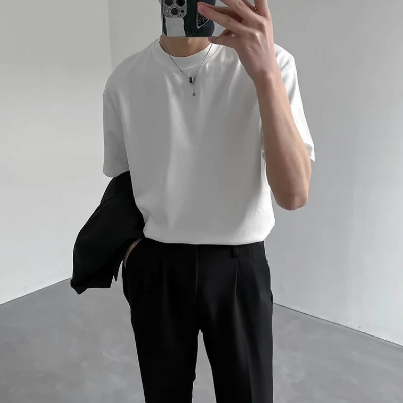 

Korean Short Sleeved T-shirt Men Round Neck Solid Color Harajuku Thin White Vintage T Shirt for Men Half Sleeved Bottoming Shirt