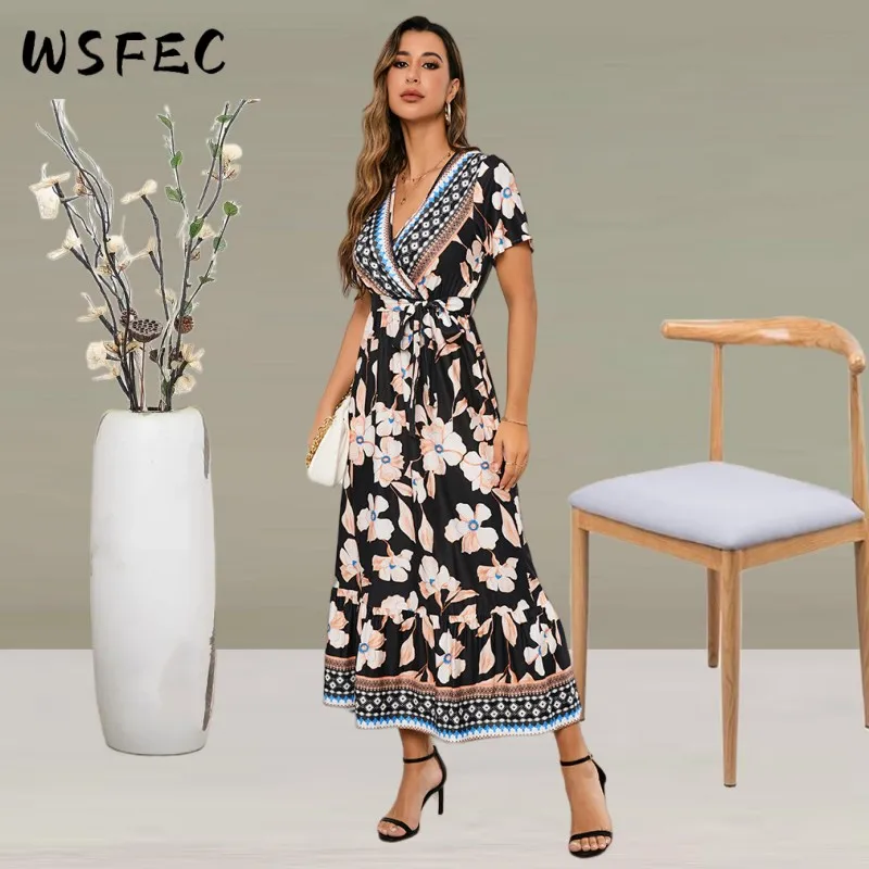 

WSFEC S-2XL Casual Summer Long Dress for Women Short Sleeve V Neck Bandage Bohemia Fashion Printing Beach Dress Dropshipping