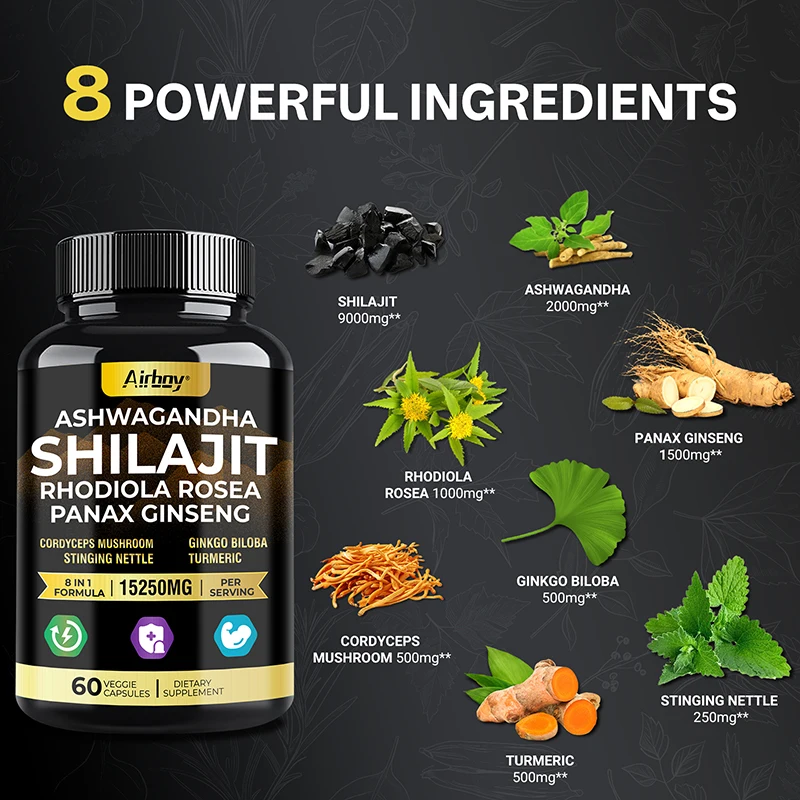 Ashwagandha, Shilajit, Rhodiola, Ginseng Capsules - Increase Muscle Mass, Improve Endurance, Energy Supplement 5