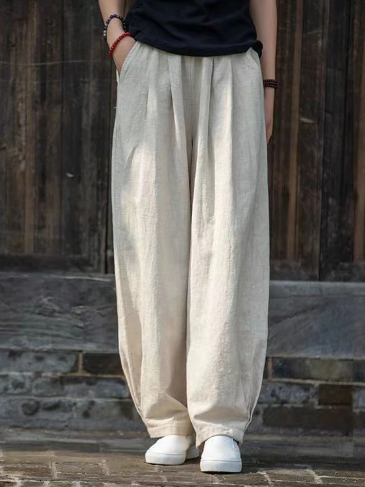 

2023 Cotton Hemp Elegant Woman Trousers Chinese Style Fashion Trend Baggy Pants Black Vintage Elastic Waist Oversize Pants