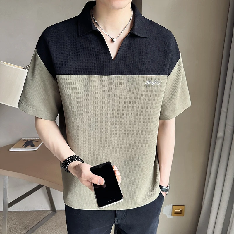 

2023 Summer Contrast Stitching T-shirts Men Short Sleeve Loose Casual Streetwear Tshirts Hip Hop Social Oversized Top T-Shirt