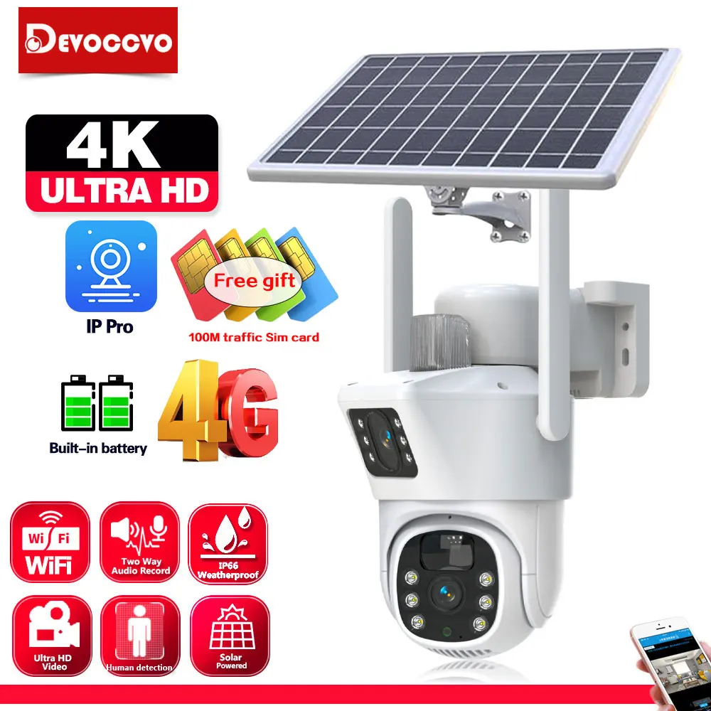 

4K 4G Solar Panel Wireless PTZ Camera Outdoor CCTV Camara PIR Human Detection Night Vision Security Protection Built in Battery