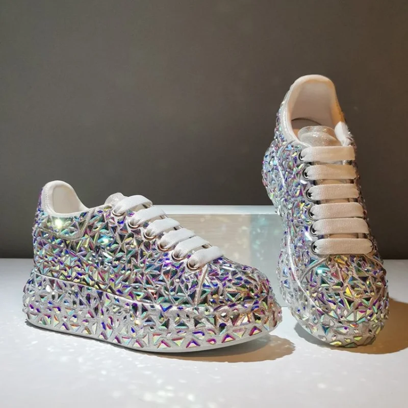 2022 Autumn Spring Leather Women Shoes New Style Fashion Platform Shoes Ins Platforms Sneakers Tide Shine Bling Rhinestone Shoes