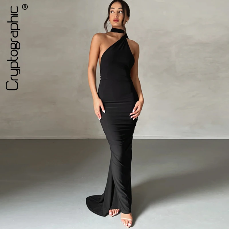 

Cryptographic Sexy Backless Irregular Maxi Dress Women Outfits Elegant Club Party Vestido Gown Ruched Long Sleeveless Dresses