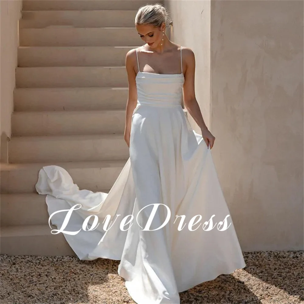 

Love Sexy Spaghetti Straps Stain Boat Neck A-Line Wedding Dresses Simple Sleeveless Floor Length Backless Bridal Gowns For Woman