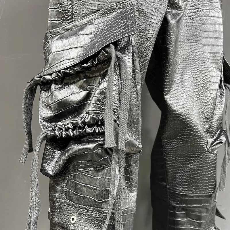 Punk Neutral Streetwear Men's Trousers Pants trousers Crocodile PU Leather three-dimensional Pocket Flared Pants