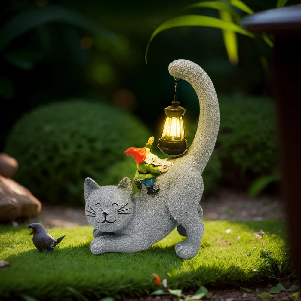 태양열 고양이 정원 입상 조명, 태양열 LED 조명, 고양이 동상, 정원 장식, 태양열 랜턴, 고양이 조각상