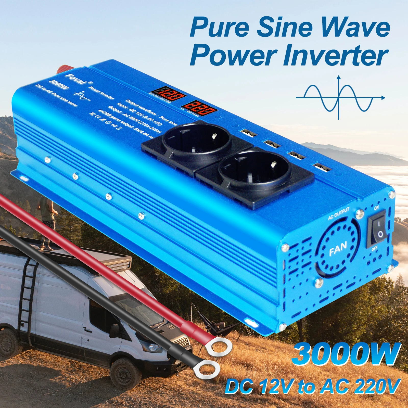 Car Inverter Adapter 1500W/2200W/2600W/3000W DC 12V TO AC 220V with 3.1A Dual USB Pure Sine Wave EU Socket