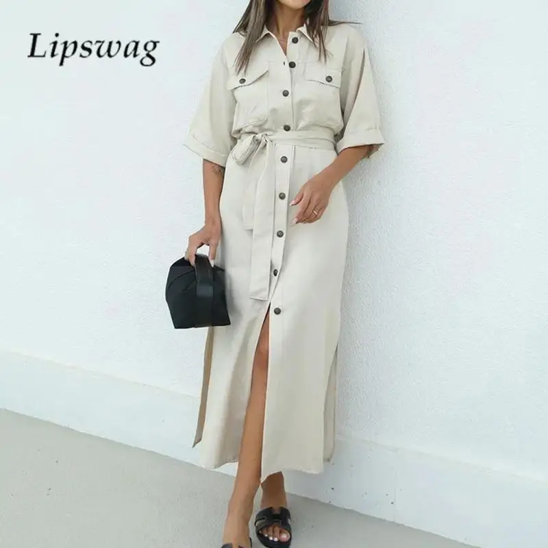 

Элегантное платье-рубашка во французском стиле, модное однобортное платье-кардиган с лацканами и шнуровкой, однотонное прямое длинное платье с рукавом до локтя, 2024