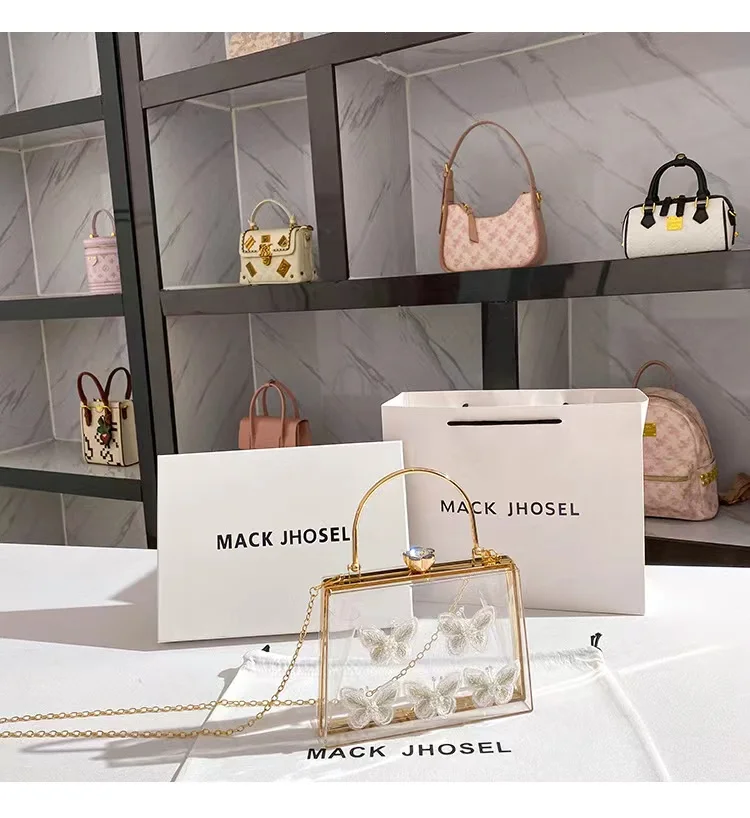 High Quality Transparent Acrylic Box Square Bag Appliques Bow Women Fashion Handbag Lady Purse Female Shoulder Crossbody Bag