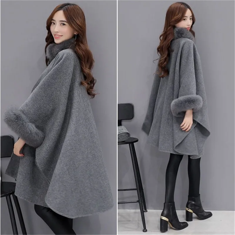 Women Cloak Shawl Jacket Plus Size Female Winter Outwear New Bigsweety High Quality Women Fox Fur Collar Long Wool Coat Elegant