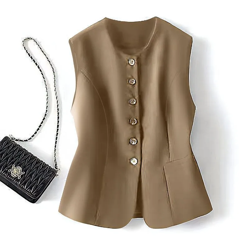 Korean 2023 New Women's Blazer High End Casual Vest Waistcoat Female Commuting Slimming Collar Less Sleeveless Short Jacket images - 6