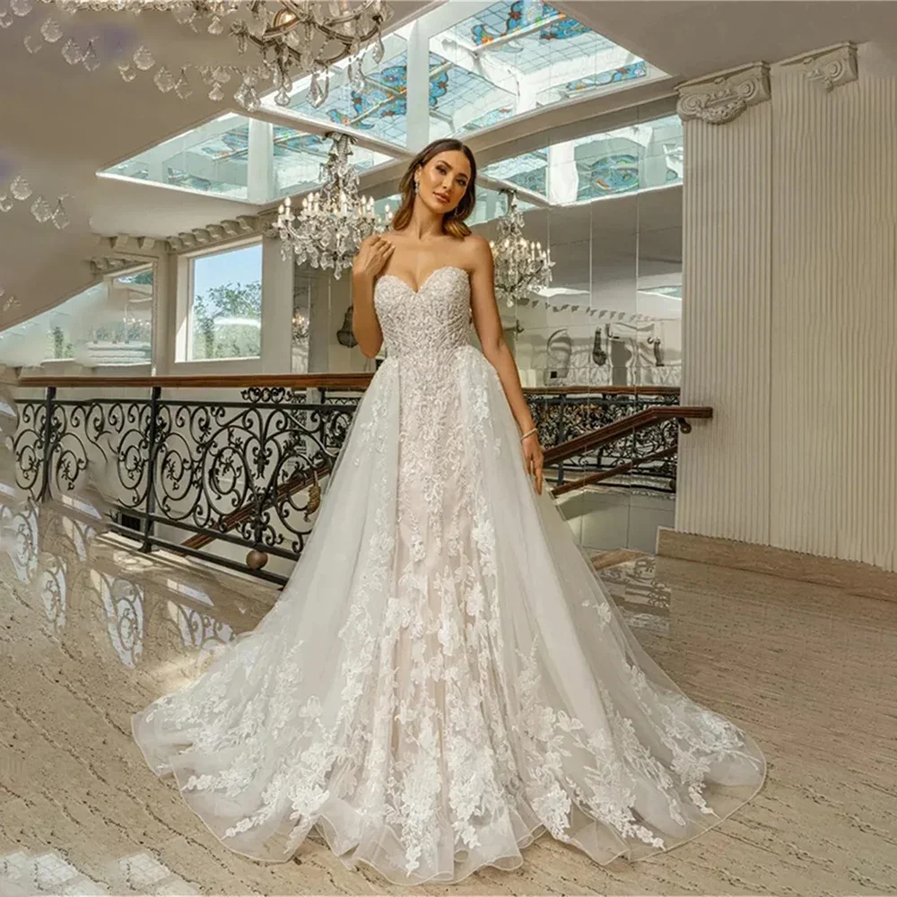 Customized Luxury Mermaid Wedding Dress Strapless Sleeveless Beading Backless Bridal Gown Detachable Trailing Marriage Dress