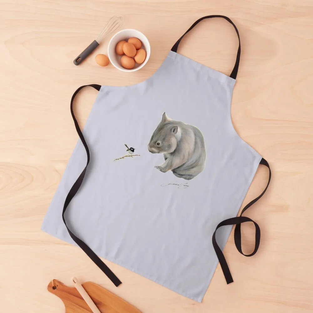 

Wombat and Blue Wren Friends with signature. Superb blue fairy wren. Apron Christmas gift Smock for hairdressing Apron