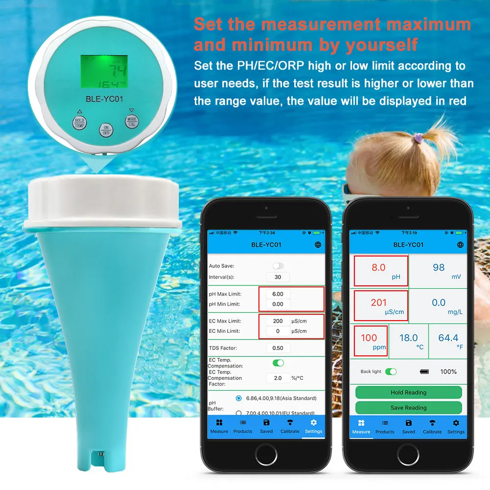 6 in 1 Water Quality Test Meter APP Online Monitor PH CL TDS EC ORP TEMP Tester BT Digital Chlorine ORP EC TDS Temp PH Meter