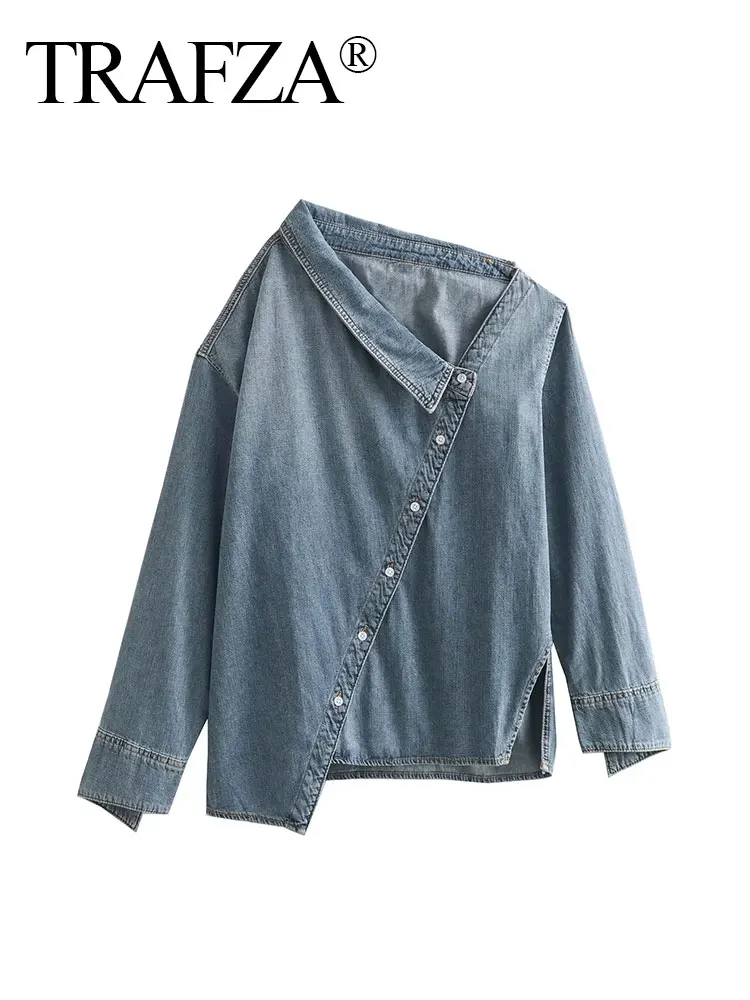 

TRAFZA Autumn Retro Slant Collar Long Sleeve Front Slit Women's Street Casual Shirt Fashion Women's Asymmetric Denim Shirt