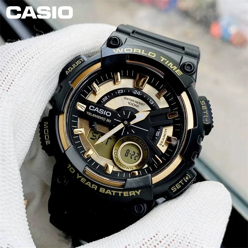 Casio-Samurai Relógio Samurai Dual Dial Masculino, AEQ-110W, Preto, Multifunções, Limite de Calendário, Star Style, Moda, Ação