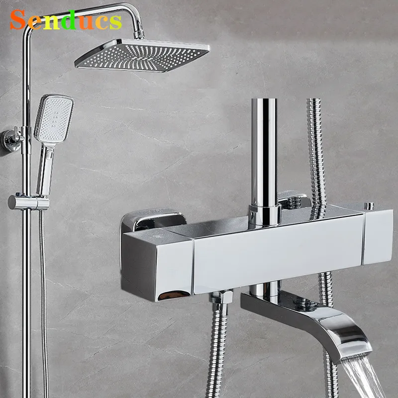 Chrome Thermostatic ห้องน้ําชุดฝักบัวร้อนเย็นห้องน้ําก๊อกน้ําอุปกรณ์เสริมรอบบาร์ 12 นิ้ว Rain Shower Head 1