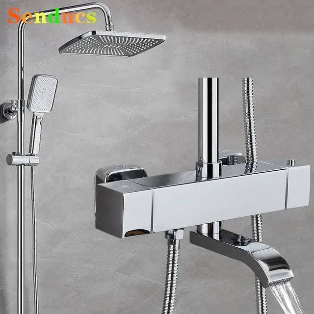 Chrome Thermostatic ห้องน้ําชุดฝักบัวร้อนเย็นห้องน้ําก๊อกน้ําอุปกรณ์เสริมรอบบาร์ 12 นิ้ว Rain Shower Head 1