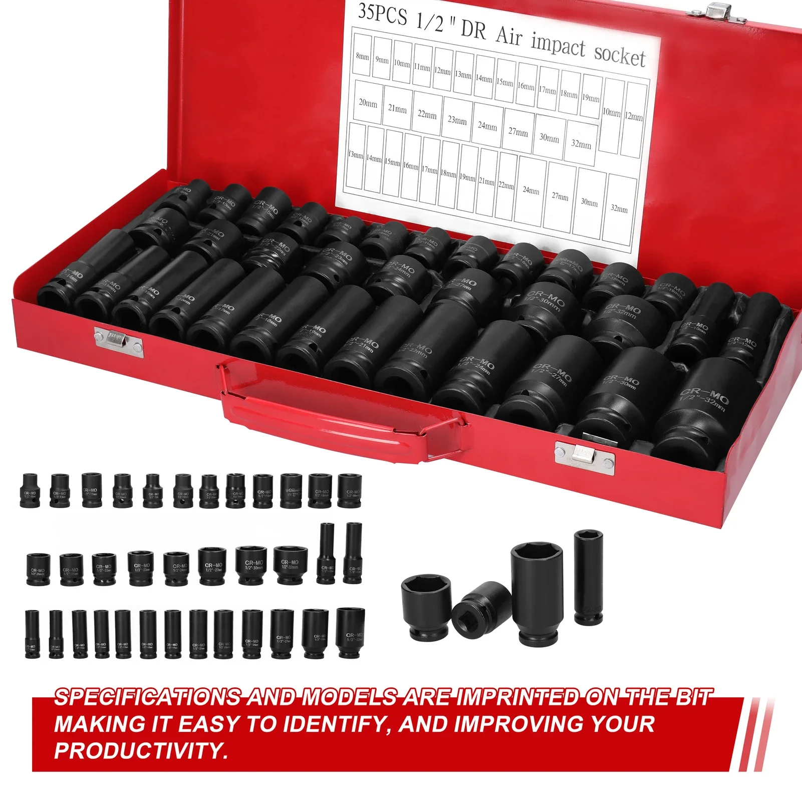 35PCS 1/2inch Drive Metric Impact Socket Set Metric Drive Deep Socket Wrench For Air Pneumatic Repair Tools 12.5mm Dropshipping 6