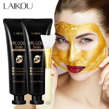 LAIKOU 2pcs 24K Gold Foil Snail Mask Deep Cleansing Reduce Blackheads Hydrating Oil-Control Brightening Facial Skin Care