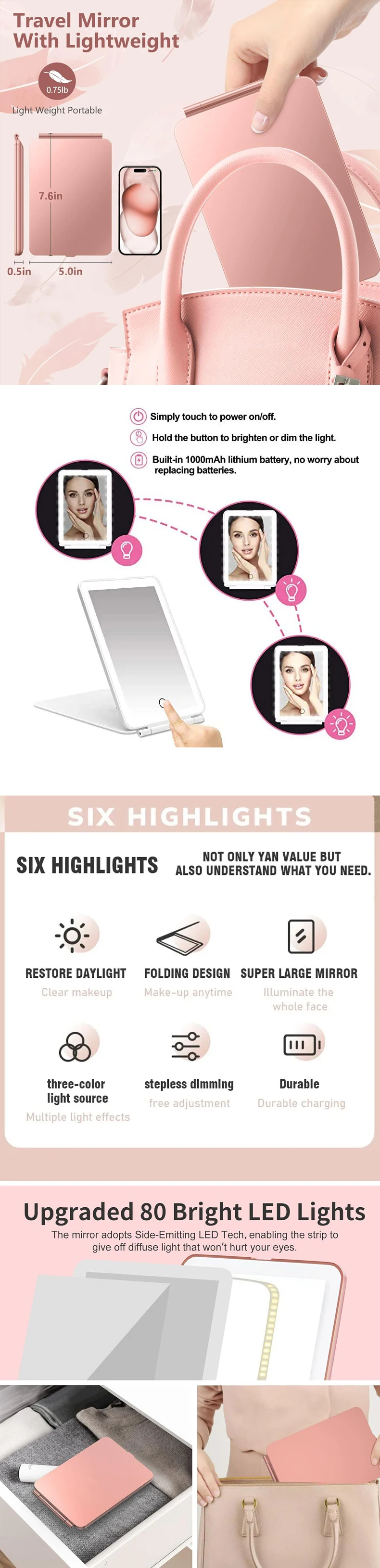 Description Picture 2 of itemPortable Vanity Mirrors 3 Color LED Light Dimmable Touch Screen Makeup Mirror Rechargeable Foldable Tabletop Light Up Mirror