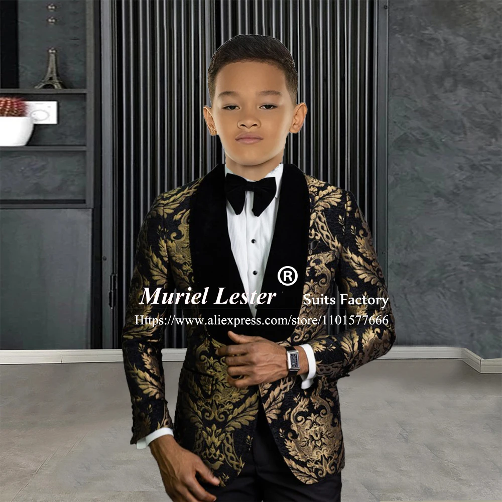 

Элегантные костюмы для мальчиков, Свадебный черный бархатный золотистый блейзер с отложным воротником и брюки с цветочным рисунком, детский деловой смокинг для выпускного, Детский комплект из 2 предметов