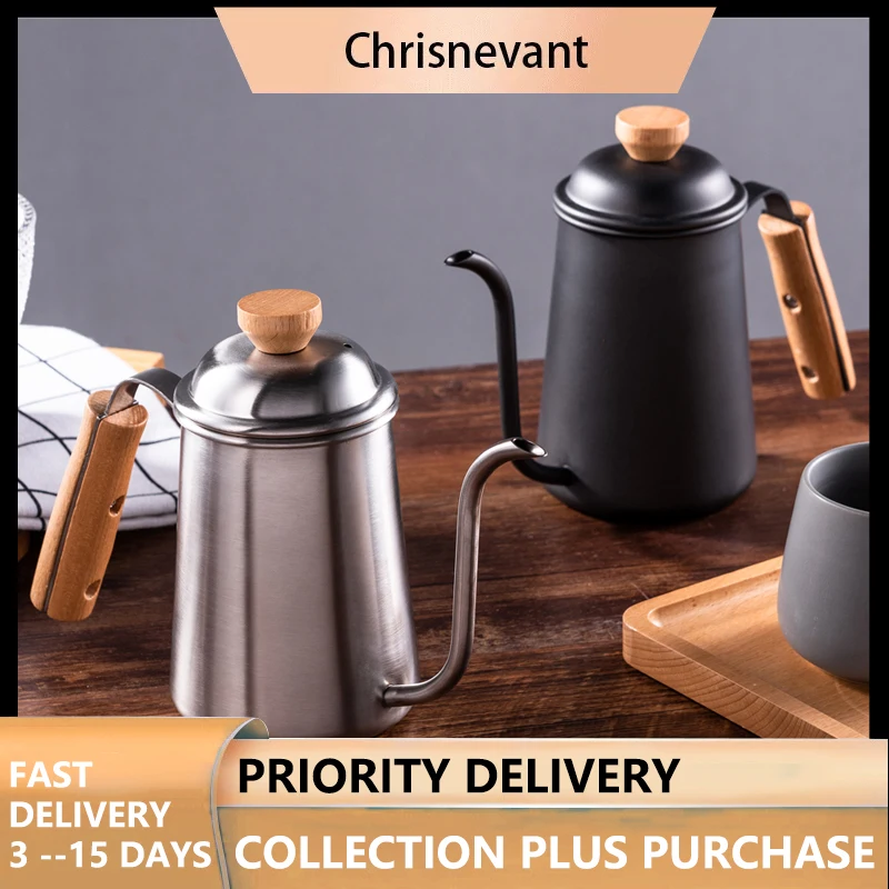 650ml/22oz Stainless Steel Coffee Kettle With Wooden Handle Not-stick Coating Gooseneck Thin Spout Pour Over Teapot