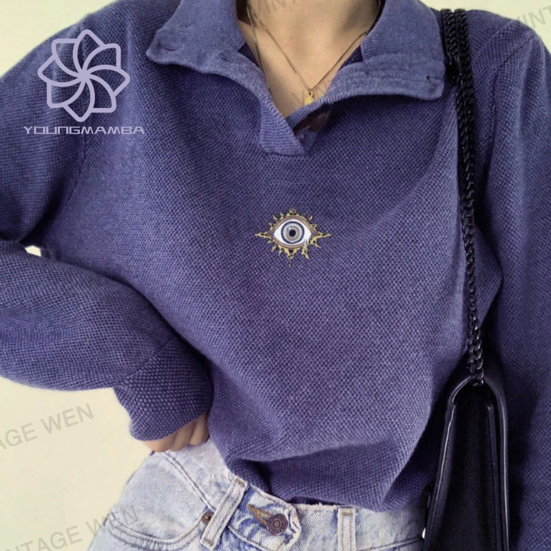 

American Vintage Purple Embroidered Polo Collar Hoodie Women's Korean Trendy Ins Spring Autumn Solid Tops