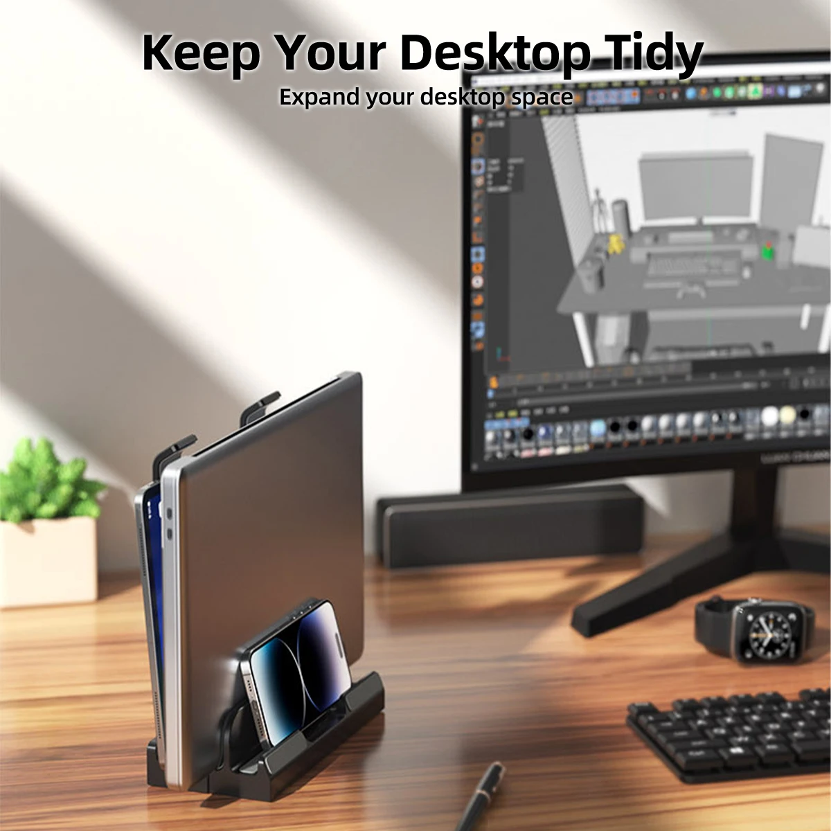 조절 가능한 텐션 트리플 슬롯 홀더가 있는 수직형 노트북 스탠드, 맥북 에어 프로 13-16, 아이패드, 태블릿, 휴대폰 데스크 정리대