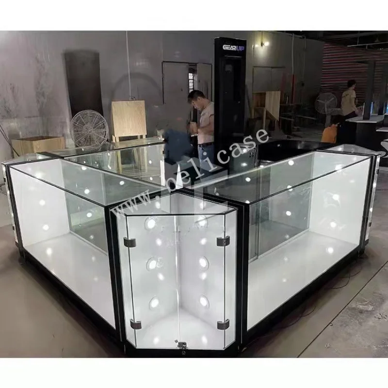 

Custom Glass Display Cabinet Lockable Showcase Glass Counter LED Light Jewelry Perfume Kiosk