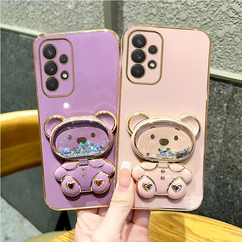 Funda con soporte para teléfono con oso y espejo de arena movediza