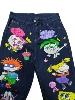 Y2k American Retro Cartoon Pattern Printed Men And Women High Waist Fashion Straight Jeans Casual Oversize Wide-Leg Jeans 1